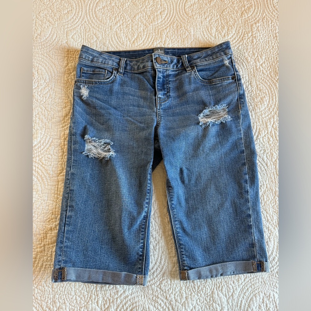 New York & Company Blue Distressed Denim Bermuda Shorts